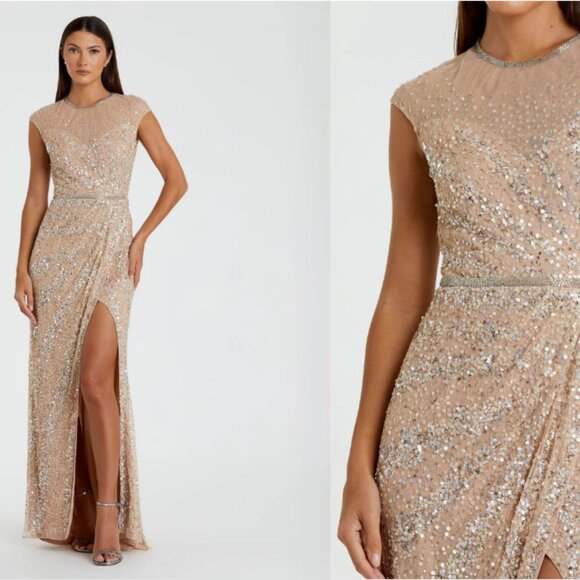 MAC DUGGAL 5619 EMBELLISHED ILLUSIONS HIGH NECK CAP SLEEVE NUDE GOWN sz 2 - Picture 3 of 6